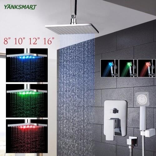 YANKSMART LED wall ceiling mounted 8 10 12 16 inch shower head set with control valve hand sprayer chrome polished bathroom Kit