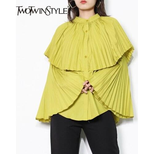 TWOTWINSTYLE Plain Pleated Casual Shirt For Women Stand Collar Bell Long Sleeve Loose Blouse Female Fashion New Clothing 2021