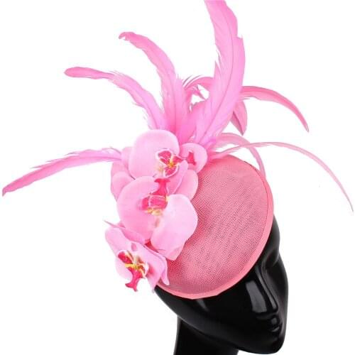 Nice charming pink millinery cap flower fashion fedora cap for women fascinators hat ladies wedding headpiece fancy feathers