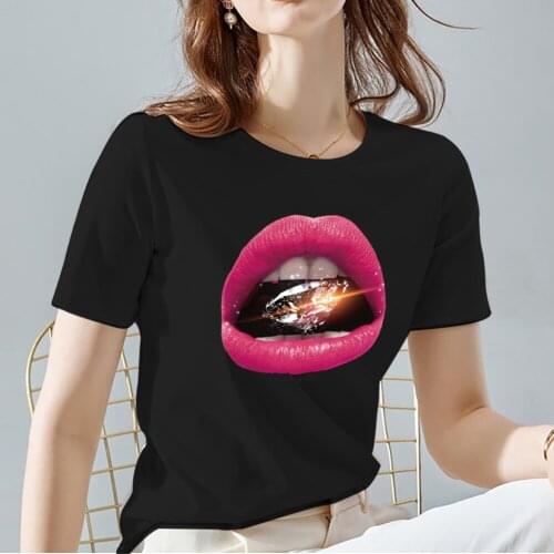 Womens Black Fashion All-match Tops Harajuku Sexy Lips Print Pattern Series T-shirt Commuter Casual O-neck Short Sleeve Tee