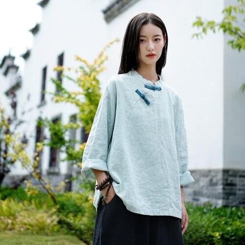 Ladies Tang Suits Summer Chinese National Style Fashion Long Sleeve Solid Color Loose Flax Tops Modest Thin Leisure T-Shirts