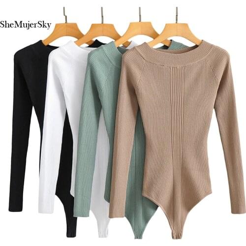 SheMujerSky Women Knitted Elastic Slim Bodysuits 2021 Long Sleeve Solid Color Jumpsuits Spring Autumn Bodysuit