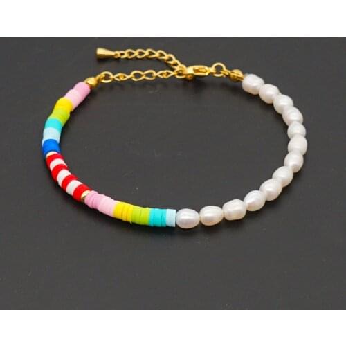 Creative Design Boho Style 4mm Rainbow Soft Pottery Baroque Natural Freshwater Pearl Beaded Bracelet Women Women Bracelets