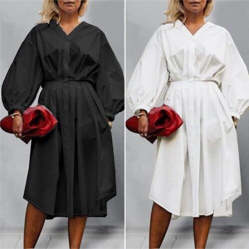 Women Autumn Knee Length Shirt Dress ZANZEA Elastic Waist Puff Sleeve Robe Elegant Solid Sundress Casual V Neck Dress Plus Size
