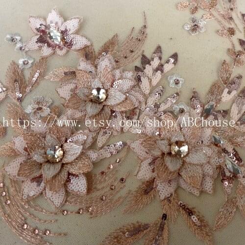 1piece High quality clothing dress appliques Champgane Large 3D flowers Front panels Pieces wedding dress accessories 45X25cm