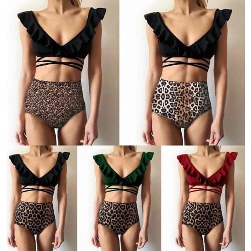 2021 Sexy Swimsuit Leopard Print Two - Piece High-Waisted Flounce Swimwear Tank Backless Bikini Maillots De Bain Swimming Suit