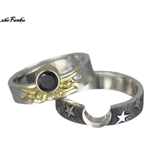 2021 Korean New Shiny Black Zircon Moon Star 2Pcs/Set Rings for Women Men Wedding Jewelry Lover Couple Rings