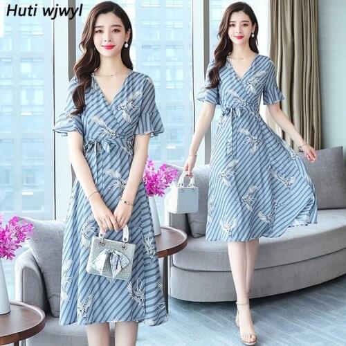 2021 Femal Vintage Elegant Blue Chiffon Boho Midi Dresses Summer Plus Size Striped Beach Sundress Women Bodycon Party Vestidos