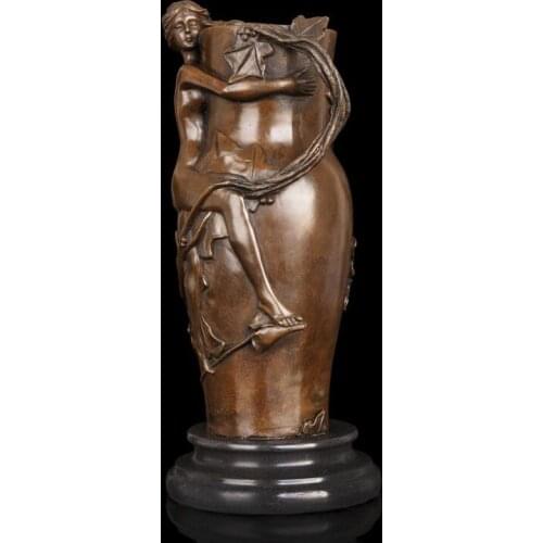 34 CM Western Art Deco Bronze Women Girl Belle Maiden Grape Sculpture Vase Pots