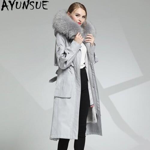AYUNSUE 2020 Real Fur Coat Female Real Rabbit Fur Liner Parka Winter Jacket Women Raccoon Dog Fur Collar Warm Long Trench Coats