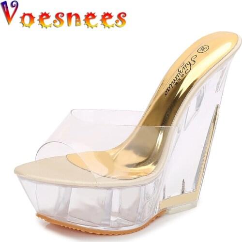 Voesnees Brand 2021 Wedges shoes Women Shoes Slippers Summer Transparent Crystal Model Catwalk Wedding Shoes High-heeled 14cm