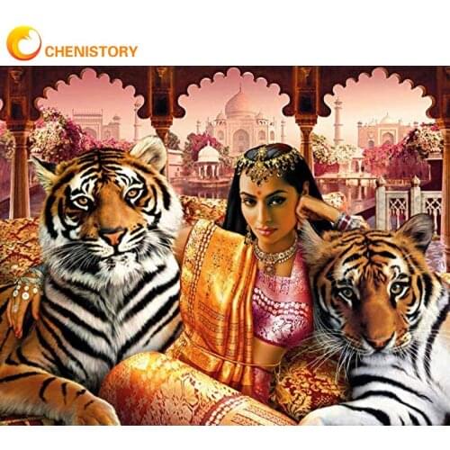 CHENISTORY 5D DIY Diamond Painting Woman Tiger Full Square/Round Diamond Embroidery Animal Room Decor Mosaic Rhinestones Handicr