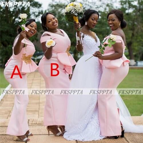 Long Pink Wholesale Bridesmaid Dresses Mermaid Satin Ruffles 2021 Black Maids Of Honor Gowns With Gold Lace Wedding Party Dress