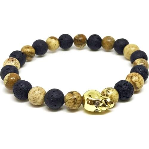 IRBACOO 2020 New Fashion Mens Bracelet Picture Stone,Lava Stone With CZ Northskull Charm Bracelet For Men Women Jewelry Gift