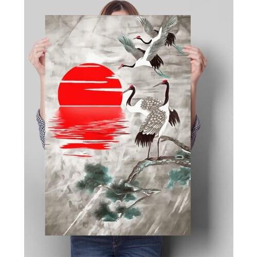 Japanese Style Red Sun Crane Bird Canvas Painting Picutre Ink Landscape Wall Art Poster Cuadros for Living Room Home Decoration