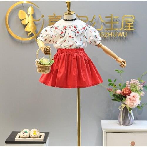 Pretty Little Girls Clothing Set Summer Cherry Embroidery Short Sleeve Bouse&skirt 2 Pieces Fashion Korean Children Outfits Set
