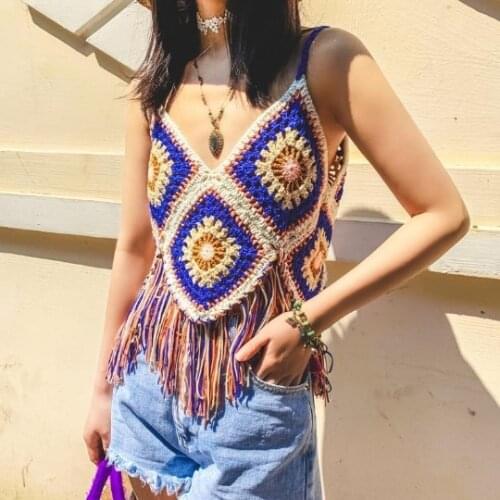 Crop Tops Sexy Summer Vintage Rainbow Flower Crochet Knitwear Womens Lace Up Tassel Camis Tops Backless Short Beachwear