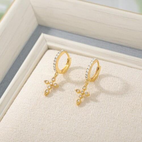 Fashionable Small Cute Cross Pendant Earrings Gold Silver Stainless Steel Metal Earrings AAA CZ Earrings