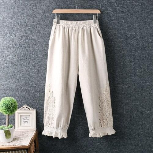 2021 New Summer Women Bloomers Japan Style Literary Fresh Cotton and linen Loose Solid Color Cropped Pants
