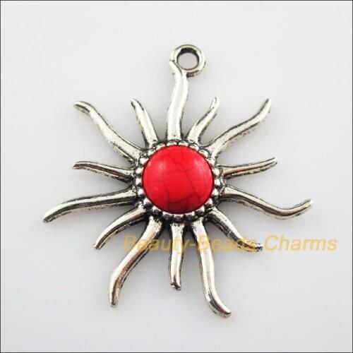 New 4Pcs Retro Tibetan Silver Color Sun Flower Red Stone Charms Pendants 41x50mm