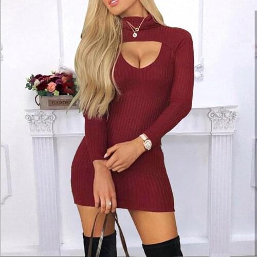 Autumn Fashion High Collar Hollow Knitting Dress Women 2020 Hot Pure Elegant High Waist Bodycon Street Casual Mini Dress