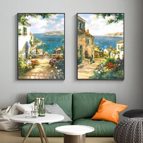 Mediterranean Sea Scenery Oil Canvas Painting Modern Wall Art Dining Prints Pictures For Living Room Home Hallway Decor Posters