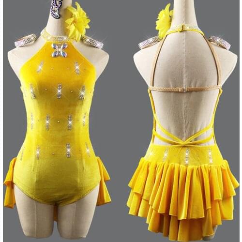 Latin Dance Dress Salsa Pole Dance Yellow Velvet Dress Leotard Ice Skating Dress Professional Latin Competition Costumes BL4121