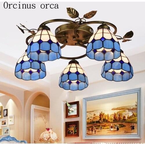 Mediterranean Blue ceiling lamps living room bedroom aisle simple European pastoral style stained glass ceiling lamps