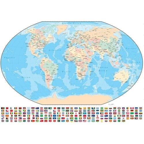 150x225cm Vinyl Spray World Map Mercator Projection With National Flag For Travel And Education
