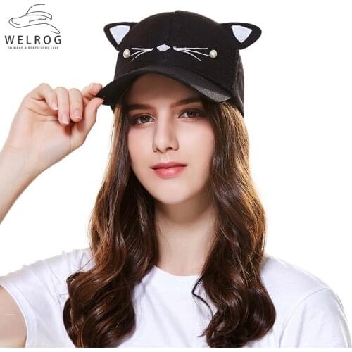 WELROG Women Cute Cat Embroidered Adjustable Baseball Cap Hat Women Embroidery Snapback Hats Lovely Ponytail Sport Visor Hats
