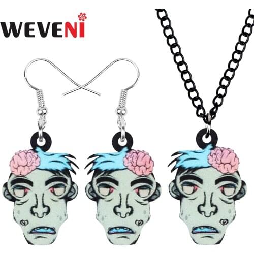 WEVENI Acrylic Halloween Zombie Jewelry Sets Big Long Printing Evil Earrings Necklace For Women Girl Kids Trendy Gift Decoration