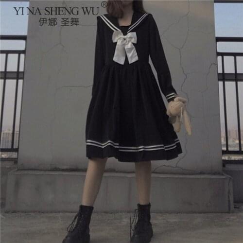 Japan JK Dress Women Loose Fashion Knee-Length Long Sleeve Dress Cute Harajuku Style Sailor Collar Japanese Student JK Clothes