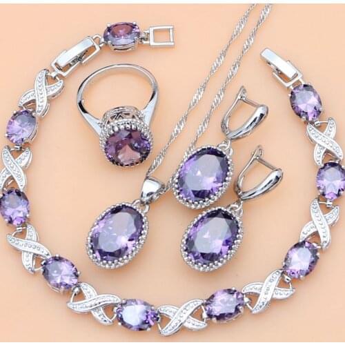 Natural 925 Silver Jewelry Purple Cubic Zirconia White Crystal Jewelry Sets Women Earrings/Pendant/Necklace/Rings/Bracelet