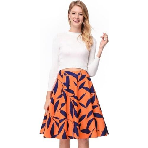 2019 spring summer new wild back zipper elegant pleated skirt high waist print Cute fashion office lady Pleated skirt