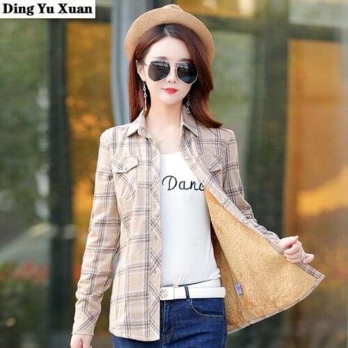 Women Fleece Lined Shirt Warm Autumn Winter Shirts Blouses Female Velvet Thick Plaid Shirt Long Sleeve Slim Tops Plus Size M-5XL