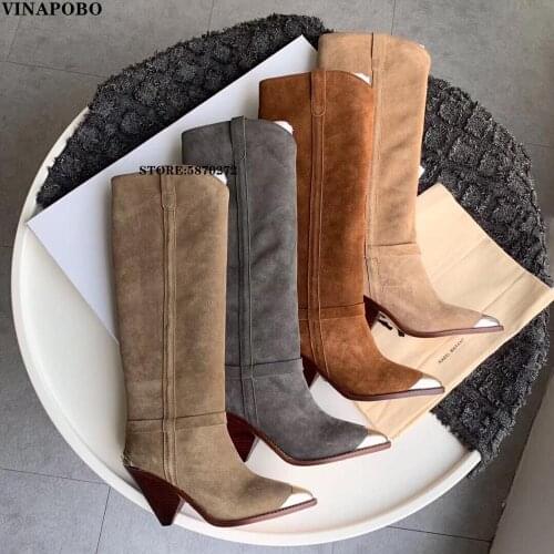 Woman Knee High Long Boots Suede Wooden Effects Spike Heel Cowboy knight Boots Winter Top Quality Genuine Leather Boots Woman
