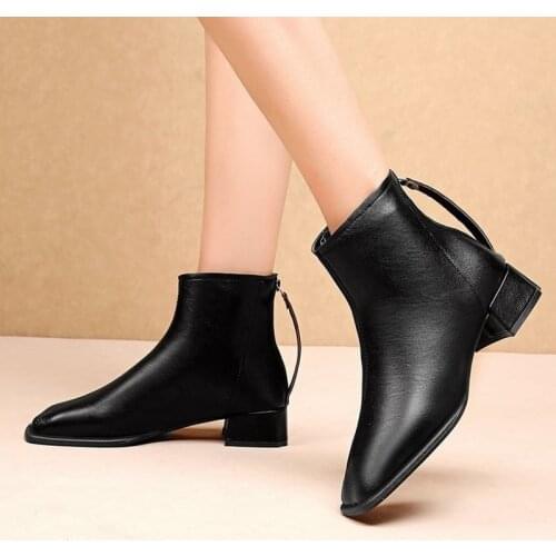 New Fashion Leather Ankle Boots Women Thick Low Heels Zipper Round Toe Autumn Winter Woman Shoes Square Heel White Black Size 43