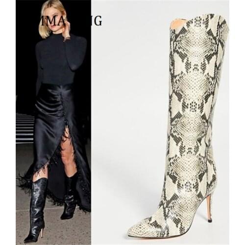 2021 Women Snake Printed Knee High Boots Sexy Pointed Toe Stiletto High Heel Boots Female Slip On Night Club Party Dress Shoes