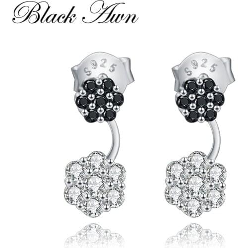 BLACK AWN 100% 925 Sterling Silver Jewelry Flower Stud Earrings for Women Black & White Silver Eternity Stone Earring T167