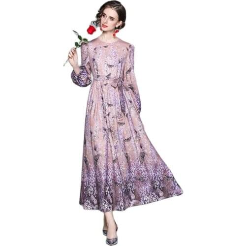 BunniesFairy 2021 Spring Summer Women Runway Elegant Purple Lavender Flower Butterflies Floral Print Long Maxi Dress for Holiday