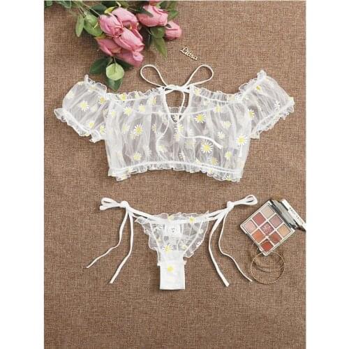 Babydoll 2Pcs Womens Pajamas Sexy Lingerie Thongs +Tops Daisy Print Lace Transparent See-through Panties Sexy Costumes