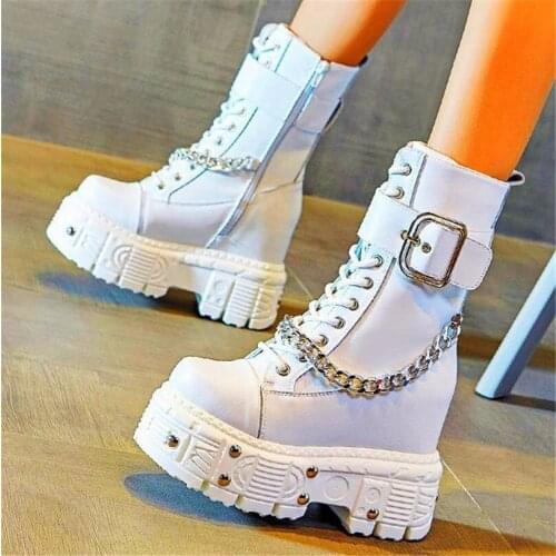 Women Genuine Leather Ankle Boots Platform Wedge High Heels Buckle Riverts Chain Punk Oxfords Creepers Round Toe Party Casual