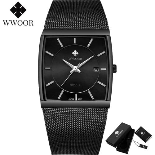 WWOOR Top Brand Luxury Black Square Watches for men Waterproof Slim Date Wristwatch Male Steel Mesh Belt Quartz Analog Clock Men