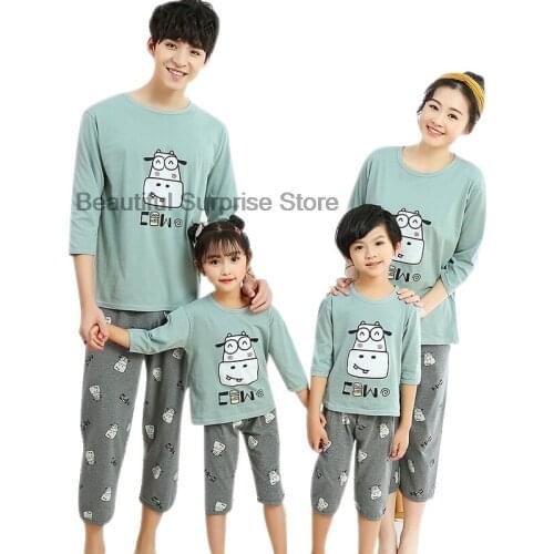 Kids Soft Comfortable Pajamas Cartoon Cattle Summer Pajamas Children Adult Clothes Casual Cotton Pajamas Set Baby Homewear