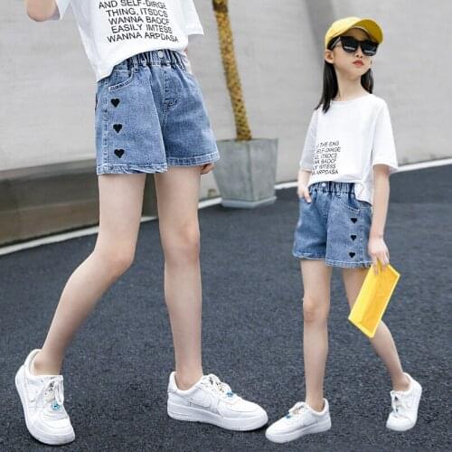 Big Girls Denim Shorts 4 To 14 Years Summer Short Jeans Solid Cotton Heart Print New Fashion Teenage Kids School Clothing