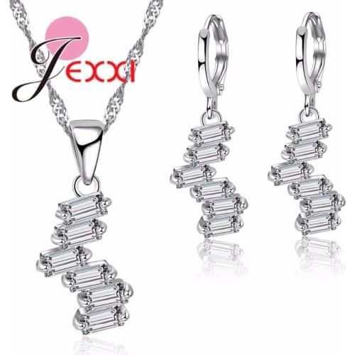 Elegant Geometic Silver Jewelry Sets For Engagement Party Accessory Women Cubic Zircon Necklace Earrings Jewellery Set