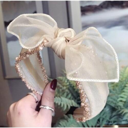 Luxury Brand Style Lace Pearls Headband for Women Top Quality Headdress Wide Head Band Ladies Elegant Mesh Bow Hairband Solid