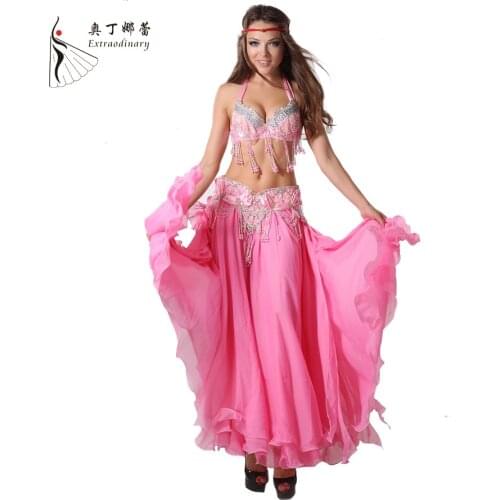 Performance Women Dancewear Professional 3pcs Outfit Bra+belt +skirt For Oriental Beads Costume Belly Dance Wj00047 S-xl