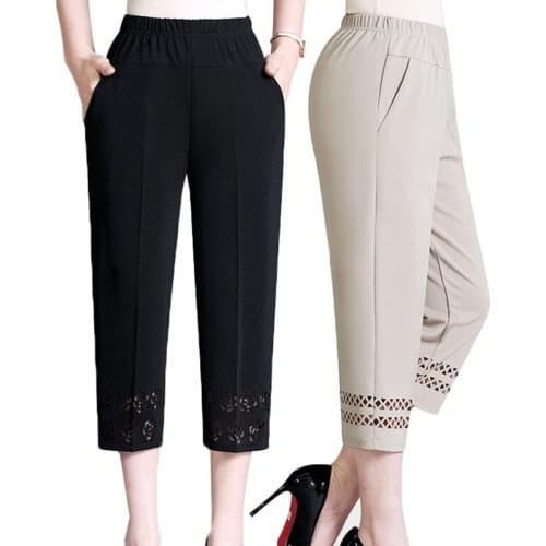 Summer Women Thin Cropped Pants New Elastic High Waist Straight Pants Hollow Loose Plus Size 5XL Middle-aged Female Casual Pants