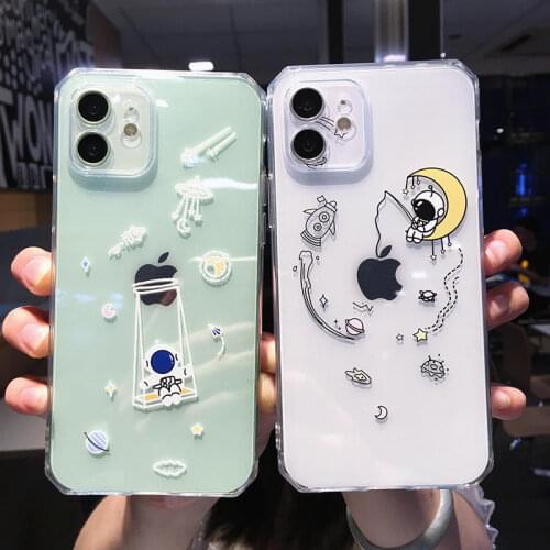 Cute Space Astronaut Transparent Phone Case For iPhone 12 Mini 11 Pro Max XR XS Max X 7 8 Plus 12 Pro Silicone Bumper Back Cover